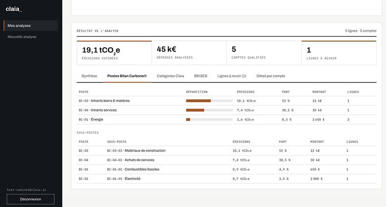 Écran Postes Bilan Carbone® de la plateforme Claia